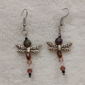 Handcrafted Dragonfly Drop Dangle Earrings Faceted Glass Beads French Hook Wires